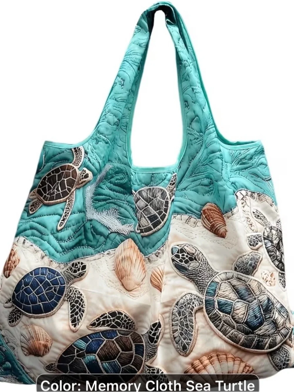 Memory fabric Sea Turtle Large capacity portable foldable Bag in Teal and Cream